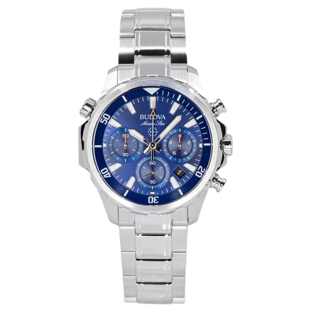 Bulova Marine Star 96B256 Mens Watch Chronograph Blue Dial Stainless Steel 100M