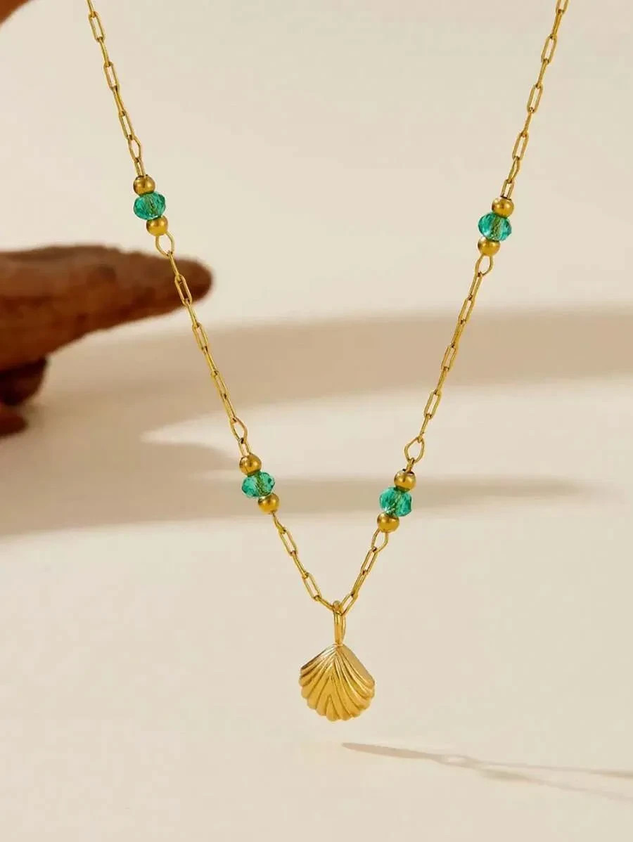 18K Gold Plated Seashell Emerald Bead Anklet Stainless Steel Women