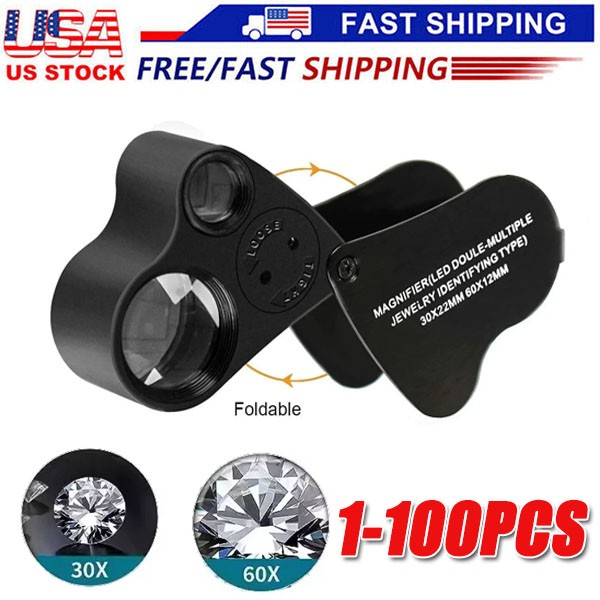 30X 60X Illuminated Jewelers Eye Loupe Foldable Magnifier Bright LED Light Gold