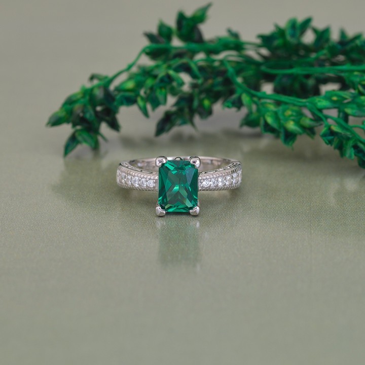 Lab Grown Emerald Ring With Cz Stone, 925 Sterling Silver White Gold Plated.