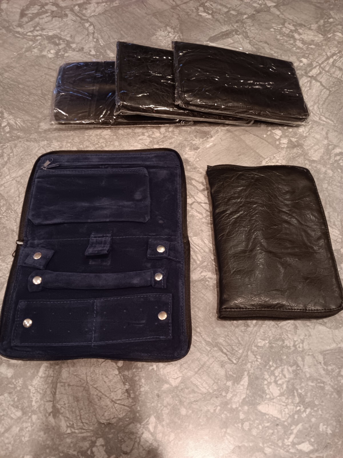 Black Leather (Polyester) Folding Zippered Jewelry Clutch Case- Lot Of 5- NEW