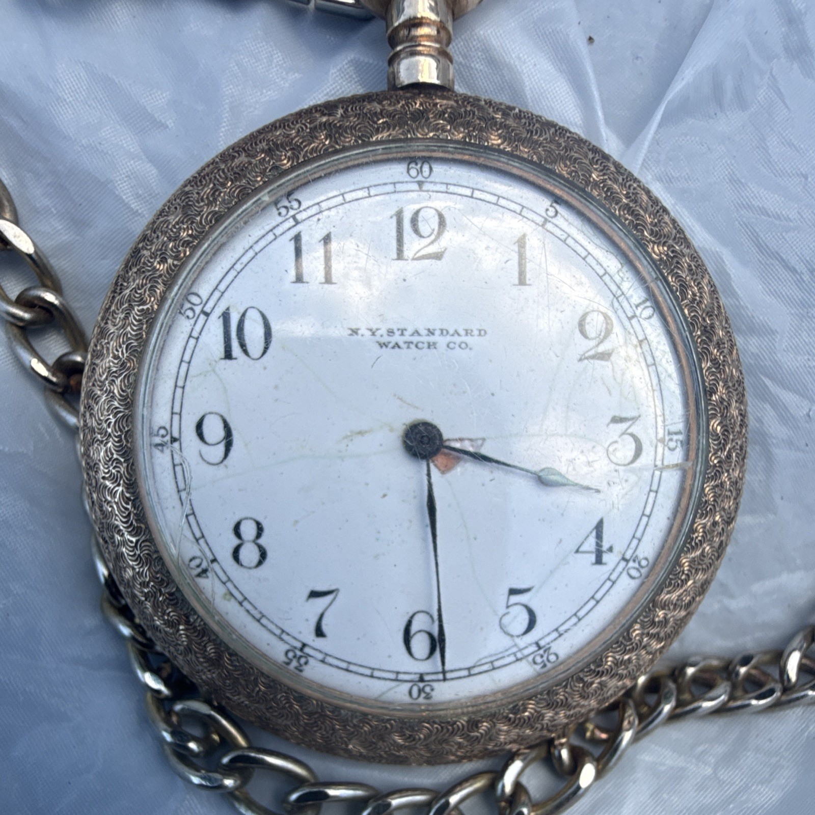 New York Standard Mechanical Open Face Pocket Watch w/ Chain, White Dial, Sec