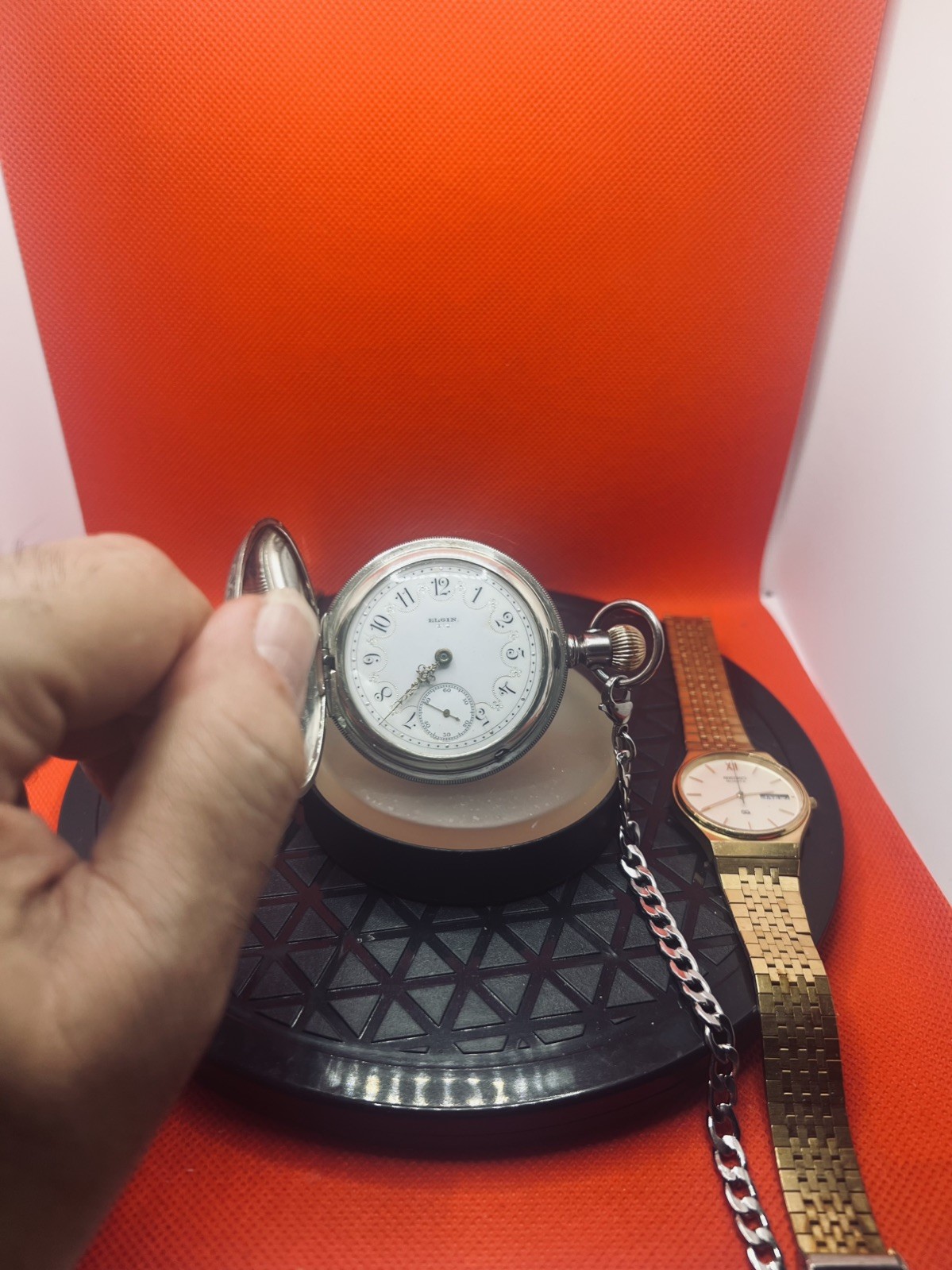 ANTIQUE ELGIN Sterling SILVER HUNTER POCKET WATCH + Stainless Steel Chain