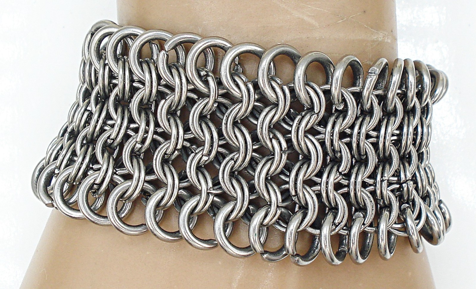 VINTAGE BRACELET DOUBLE RING CHAINMAIL 5 ROWS HOOK CLASP METAL 7.5″ X 1.25″