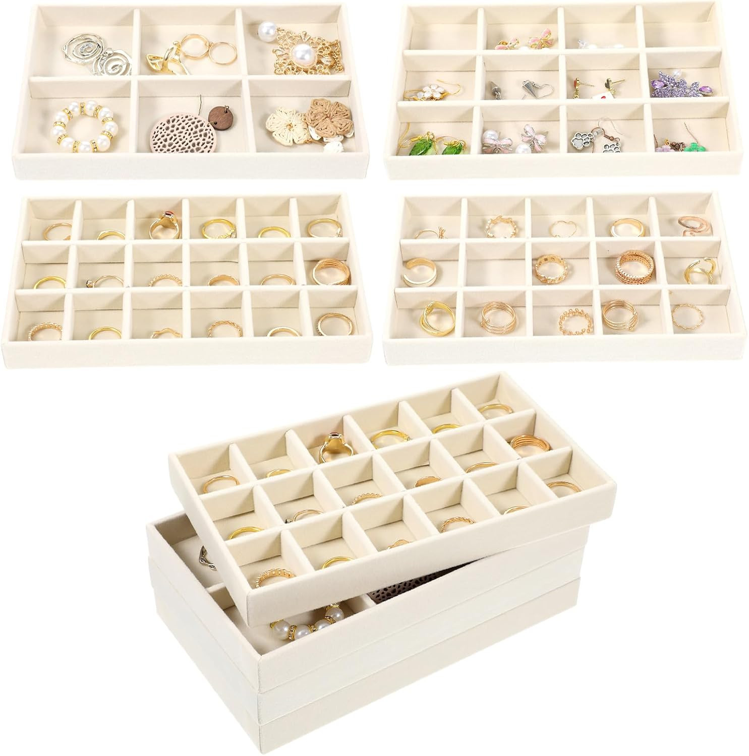 12 Pcs Velvet Jewelry Organizer Trays Set, 4 Styles Stackable Drawer Organizer w