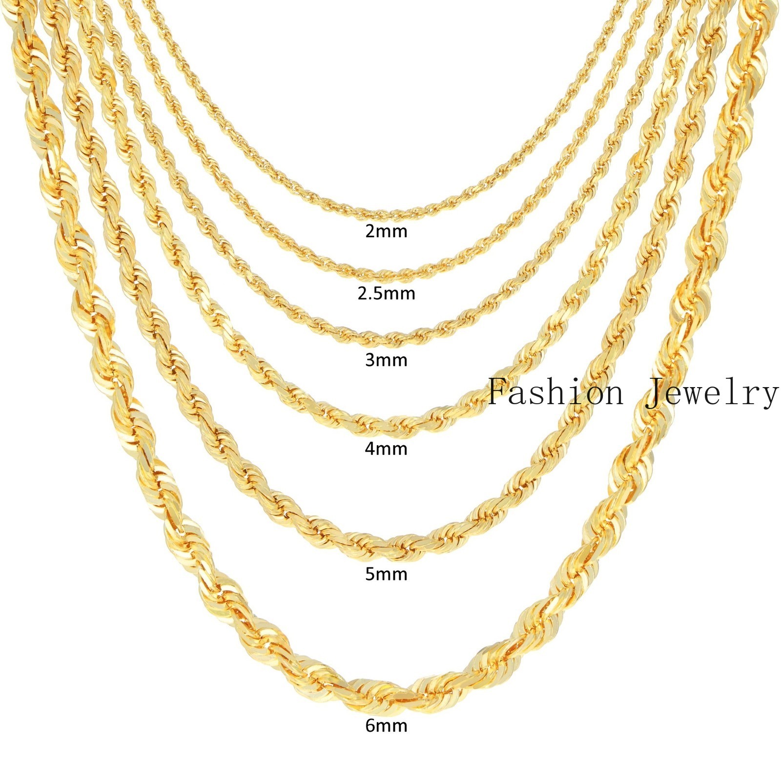 18K Yellow Gold Solid 2mm-6mm Rope Diamond Cut Chain Italian Necklace 16″- 30″