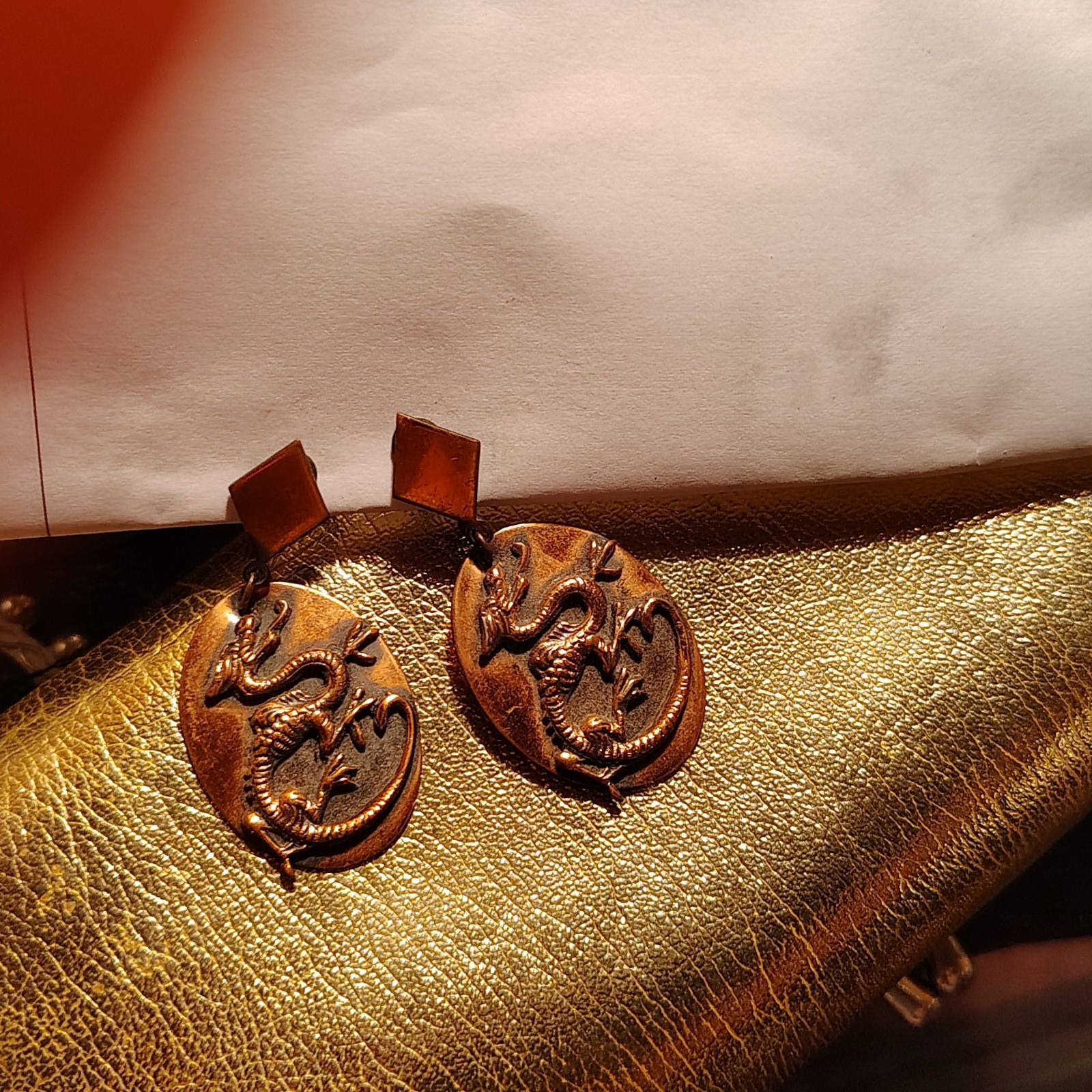 Vintage Copper Drop Screw Back Dragon Earrings