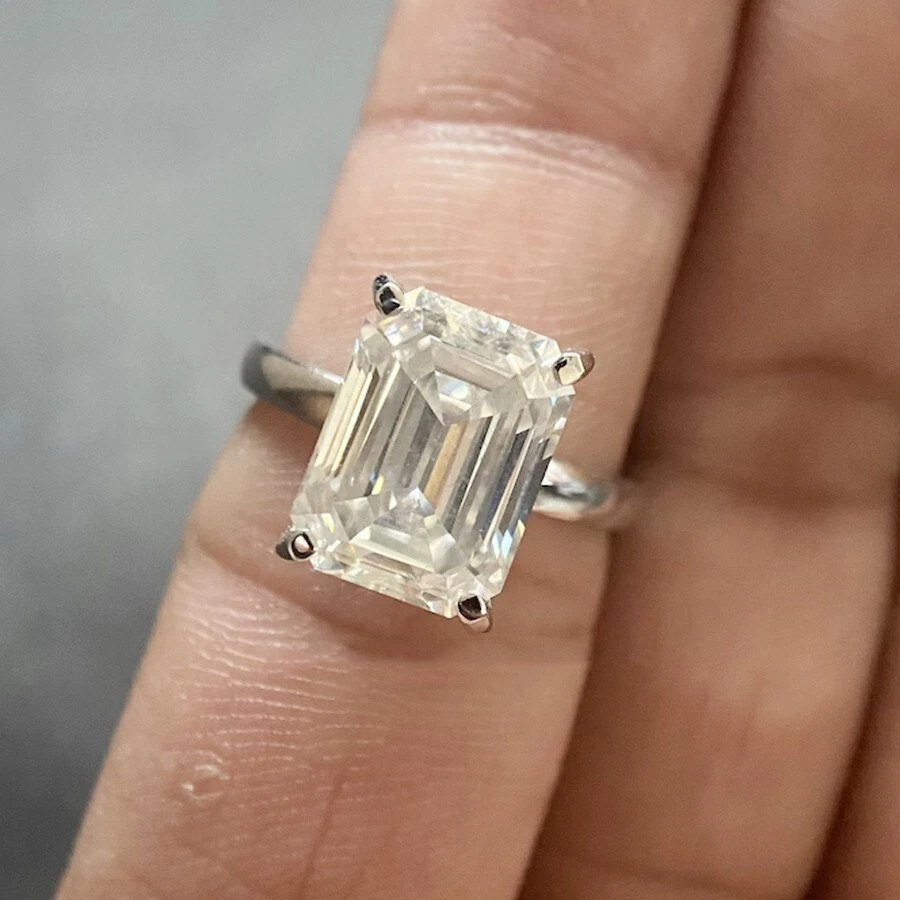 3.66 Ct Emerald Cut Moissanite Solitaire Engagement Ring 14K White Gold Plated