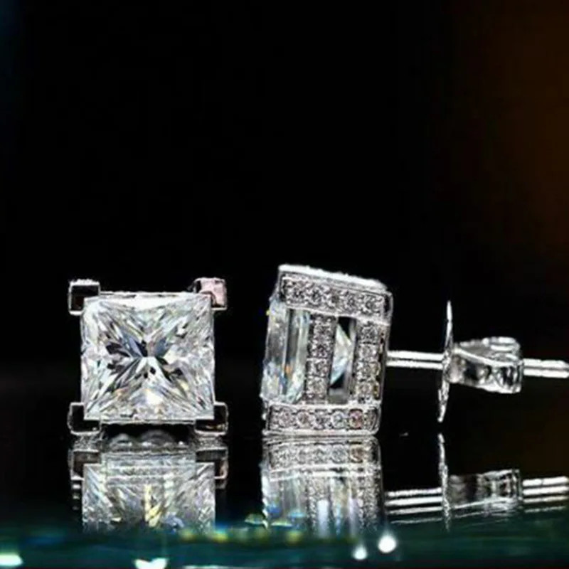 White Gold Princess Cut Diamond Stud Earrings Classic Minimalist Unisex Jewelry