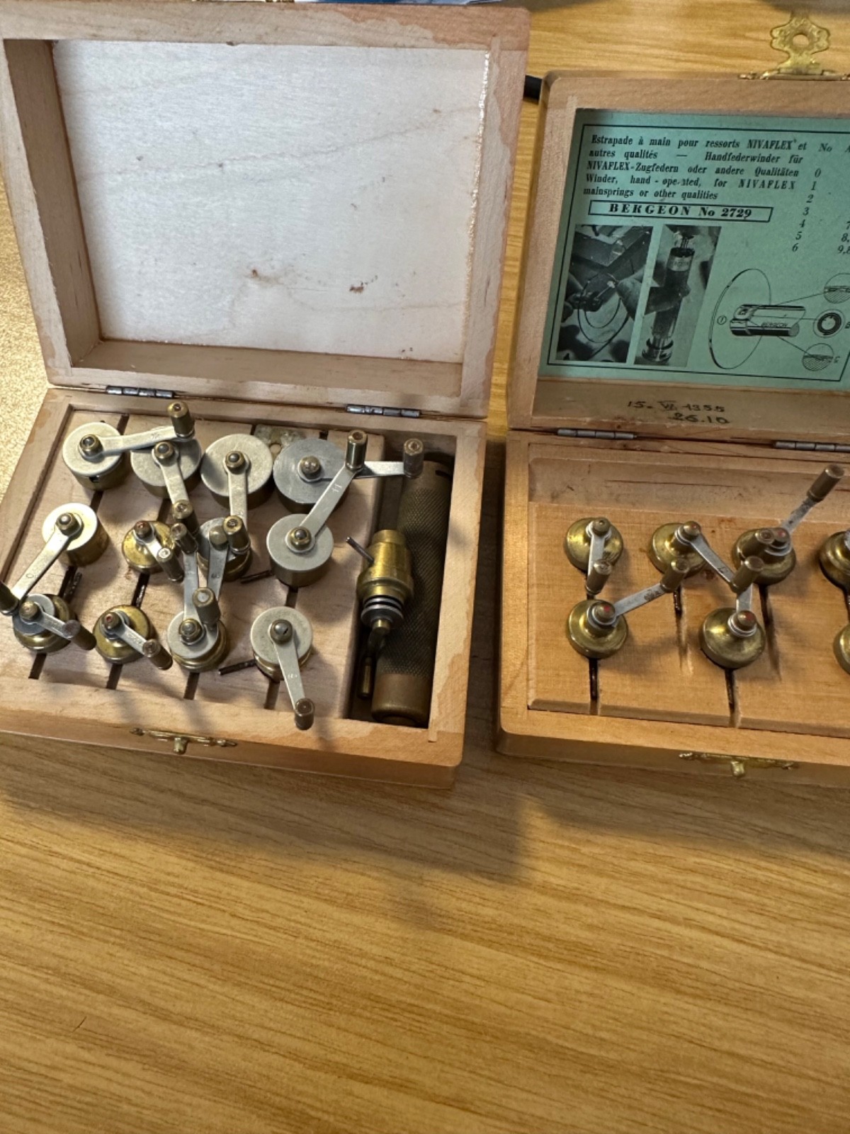 Genuine BERGEON 2729 mainspring winder tools in wooden box