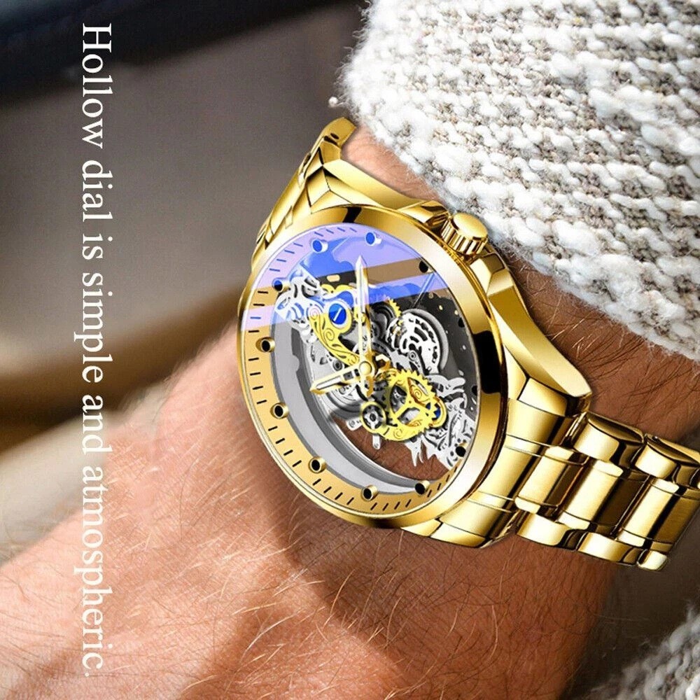 Hollow Skeleton Luxury Men’s Automatic Quartz Stainless Steel Business Watch
