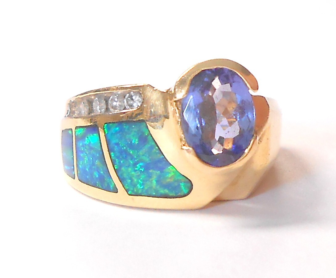 7.5x5mm Tanzanite Diamonds Colorful Opal 14K Yellow Gold Asymmetrical Ring Siz 6