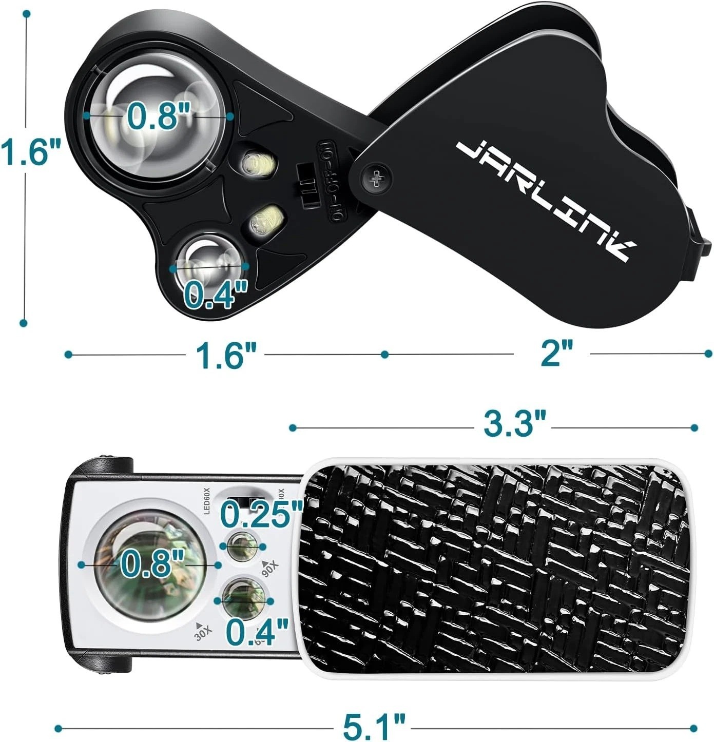 2pcs Jewelers Loupe, 30X 60X 90X Illuminated Jewelers Eye Magnifier & Glass Loop
