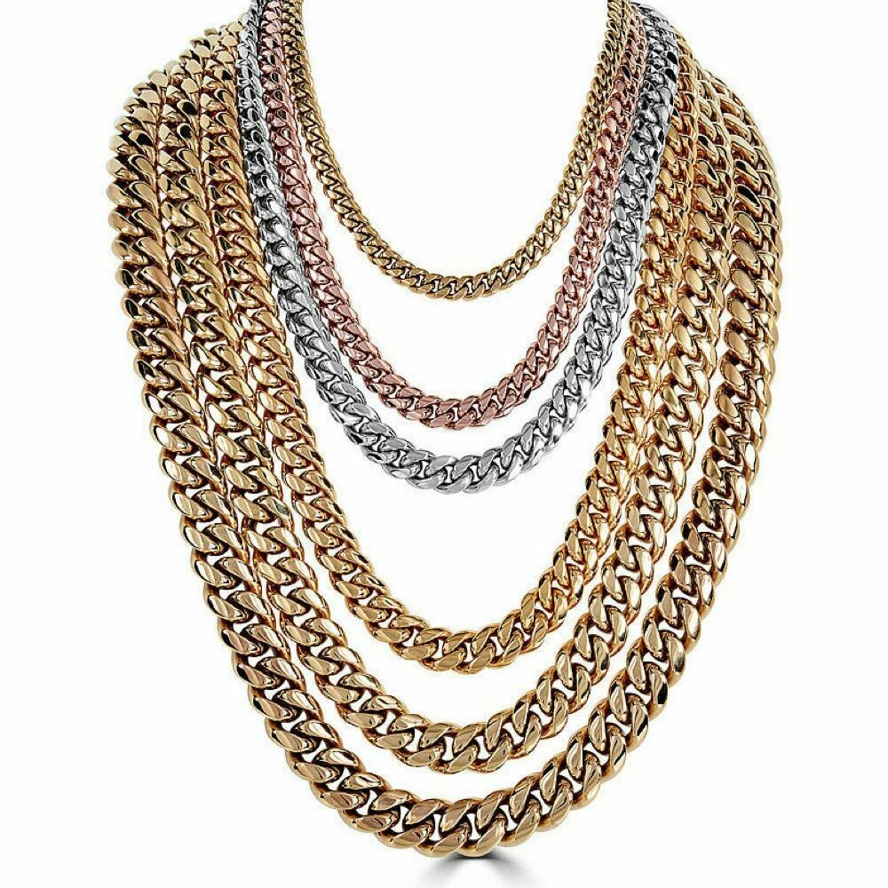 Miami Cuban Link Chain Rose Gold Plated Stainless Steel 8-18mm Yellow/Rose/White