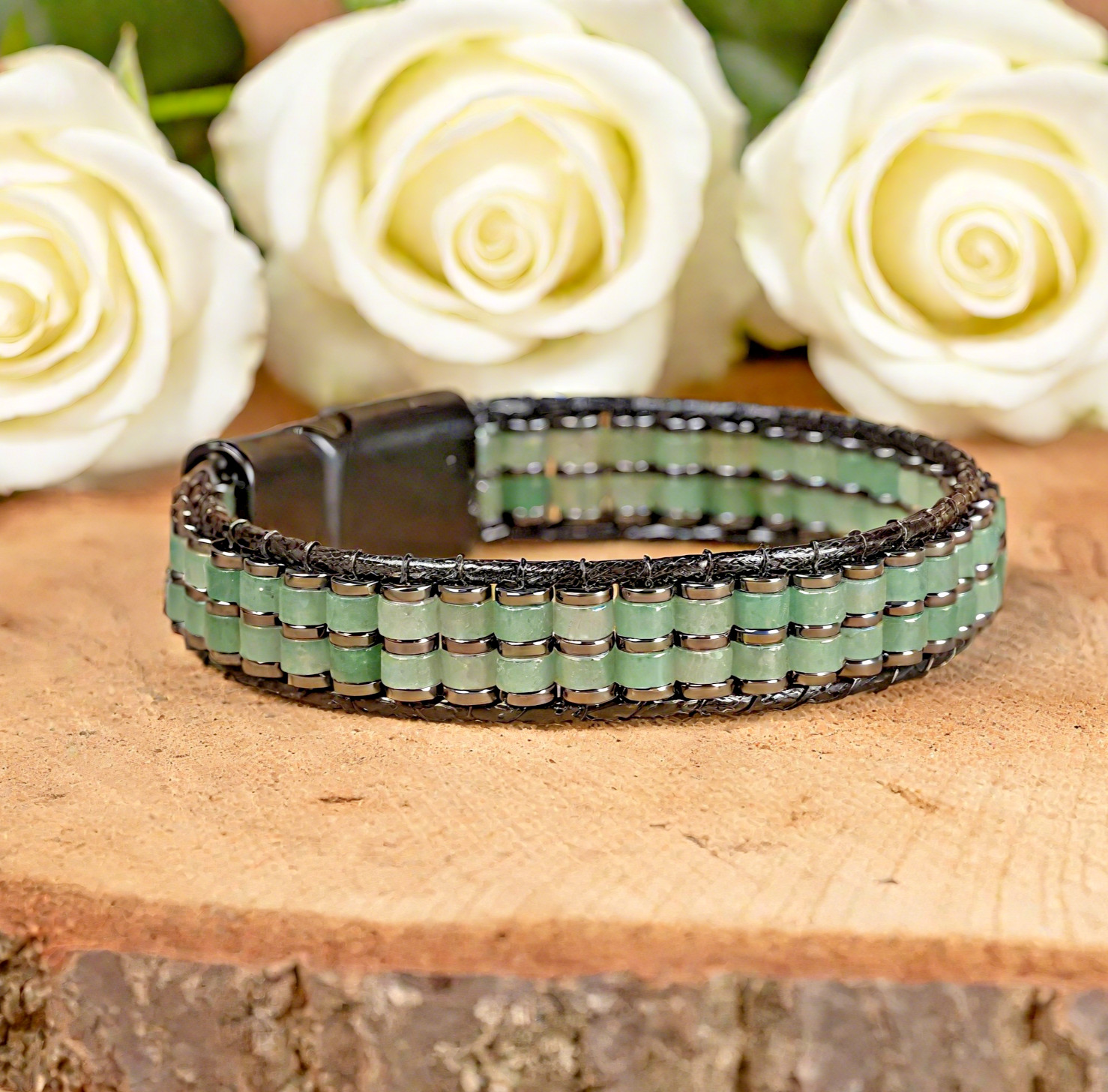 6.7″ Green Aventurine Crystal Leather Bracelet Stainless Steel Magnetic Clasp