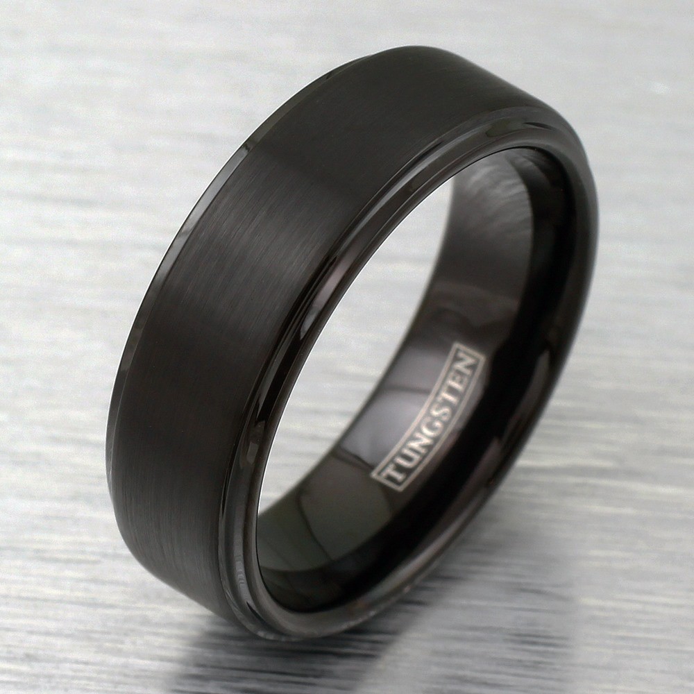 8mm Black Tungsten Brushed Stripe Step Edge Wedding Band Men’s Ring Size 5-15