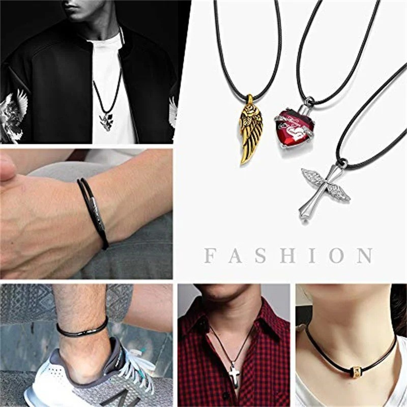 Black Rope Leather Cord Chain Necklace Stainless Steel