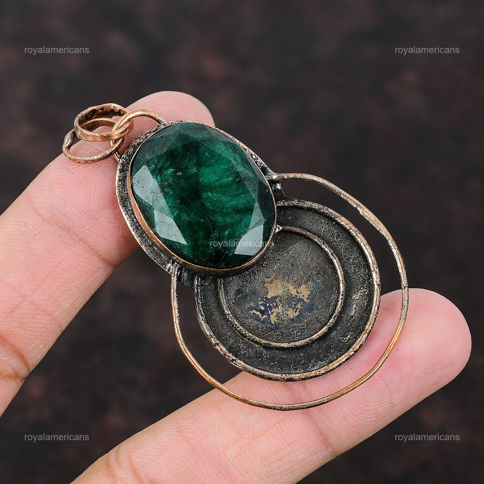 Valentines Sale Oval Zambian Emrald Stone Daughter Twisted Bezel Pendant Copper
