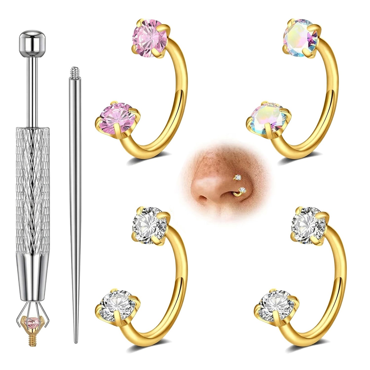 20g Horseshoe Nose Ring for Women Double Gem Horse Shoe Nose Ring Hoop Surgical
