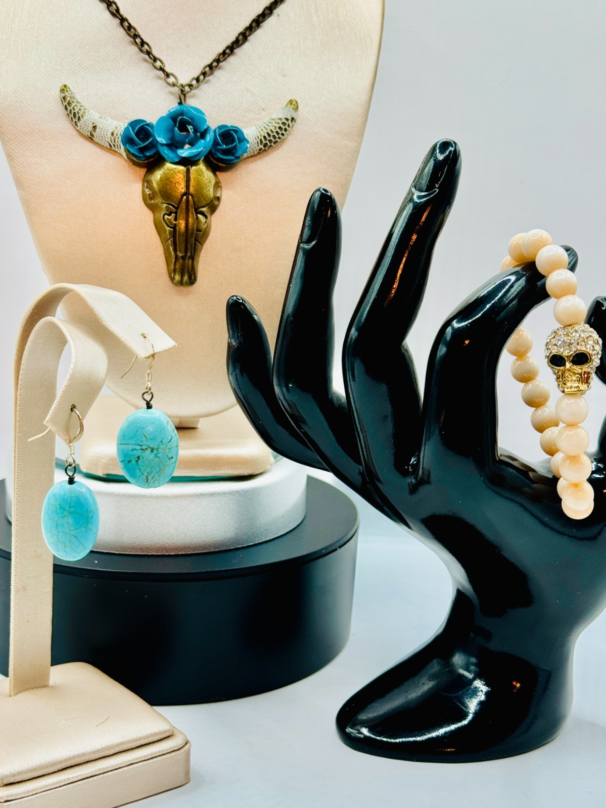 Unique!! 3pc Southwestern Steer Necklace, Crystal Skull, Faux Turquoise Earrings
