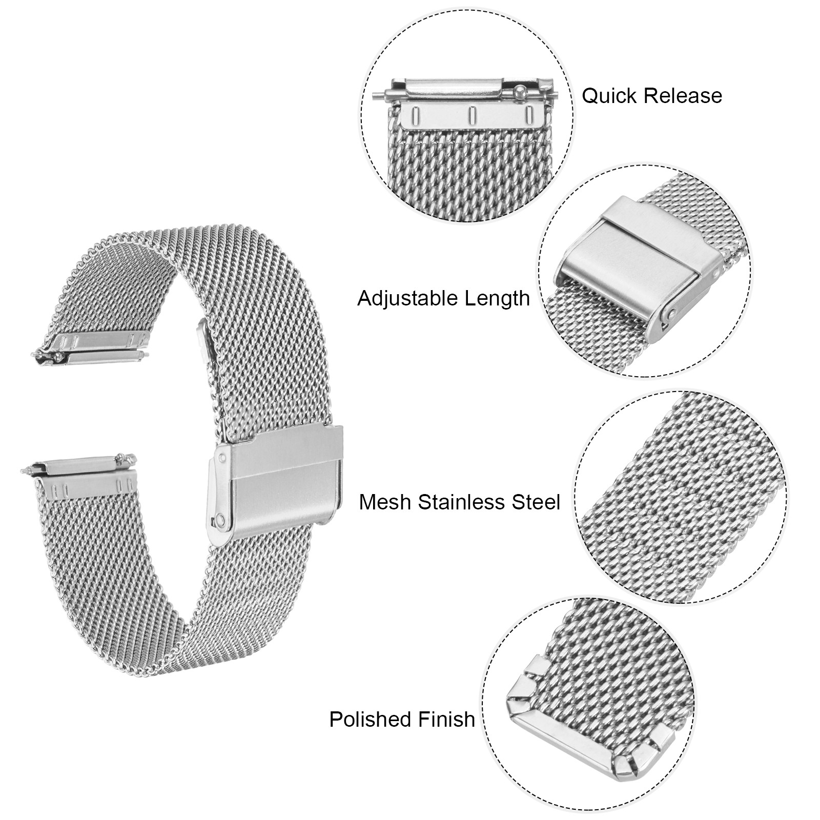 316L Stainless Steel Mesh Watch Band 20mm Quick Release Adjust Strap Silver New