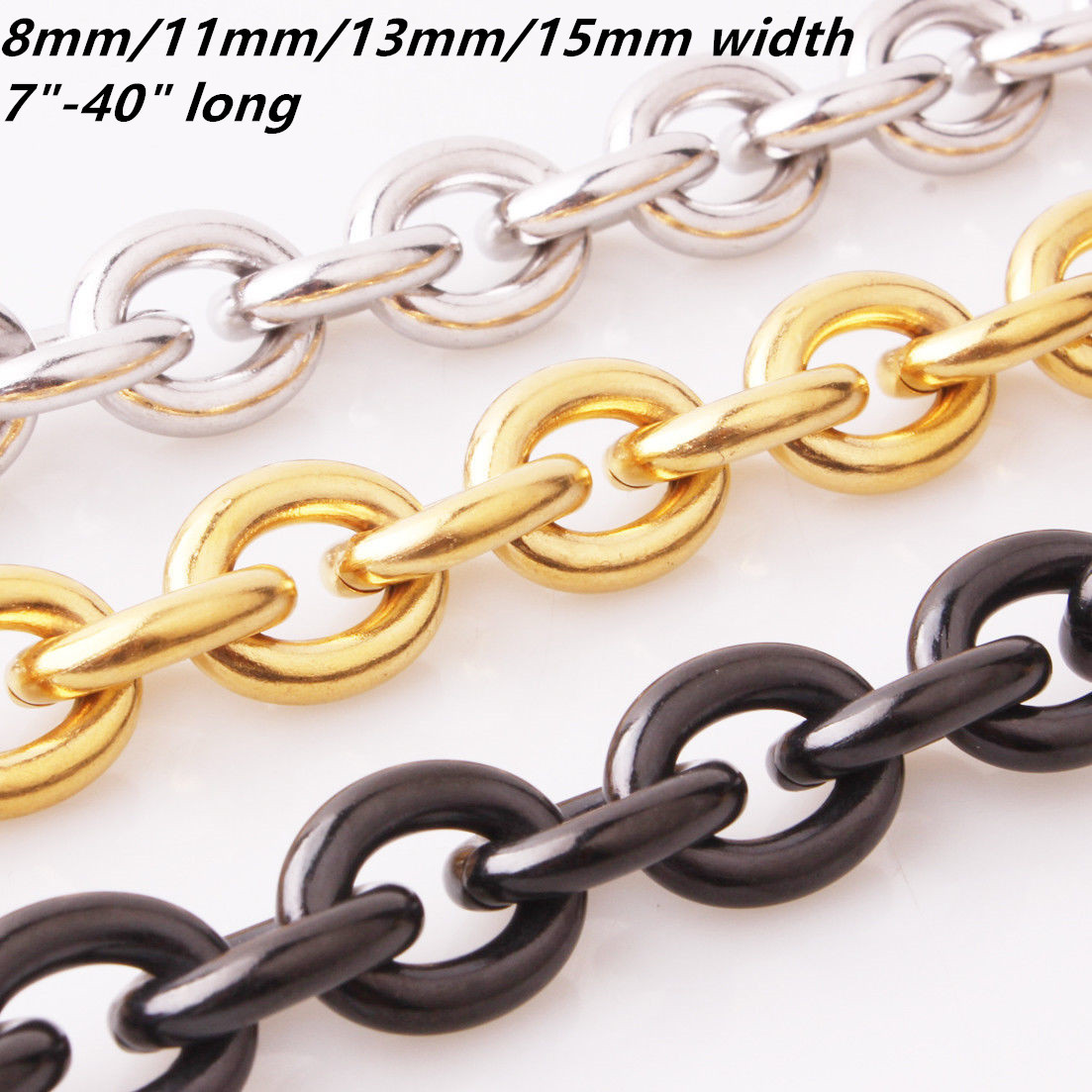 7″-40″ Stainless Steel Huge 8/11/13/15mm Rolo Oval Link Men’s Chain Necklace
