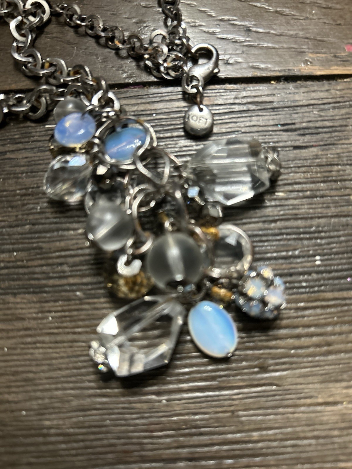 LOFT Silver Tone Cable Chain Necklace Blue & Clear Crystal MoonstoneCharm Signed