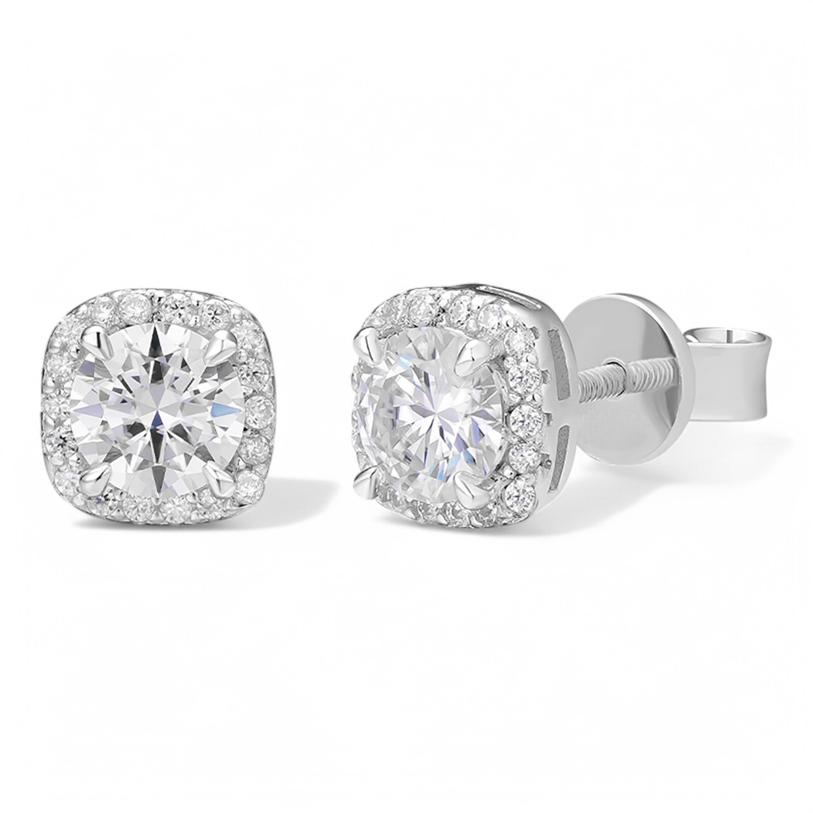 Real Moissanite Square Halo Stud Earrings 925 Silver Hip Hop Mens Ladies Iced