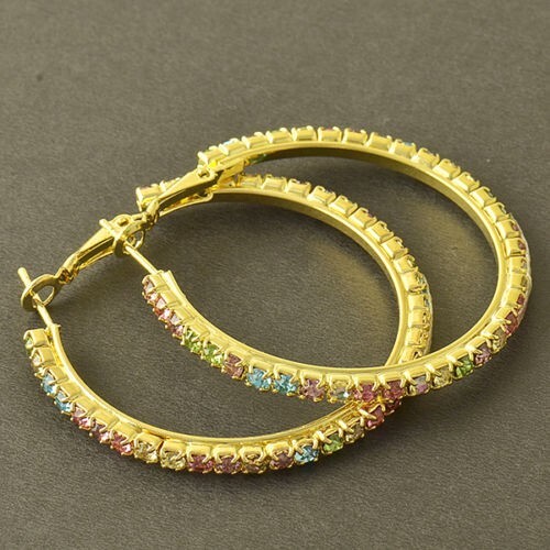 Pretty Yellow Gold Plated Multicolor Crystal CZ Round Large 1.75″ Hoop Earrings