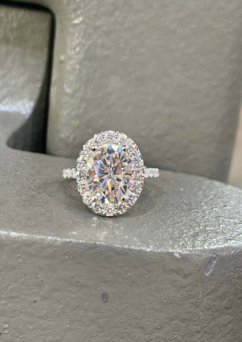 2.10Ct Oval lab created Diamond Halo Engagement Ring 14K White Gold Finish