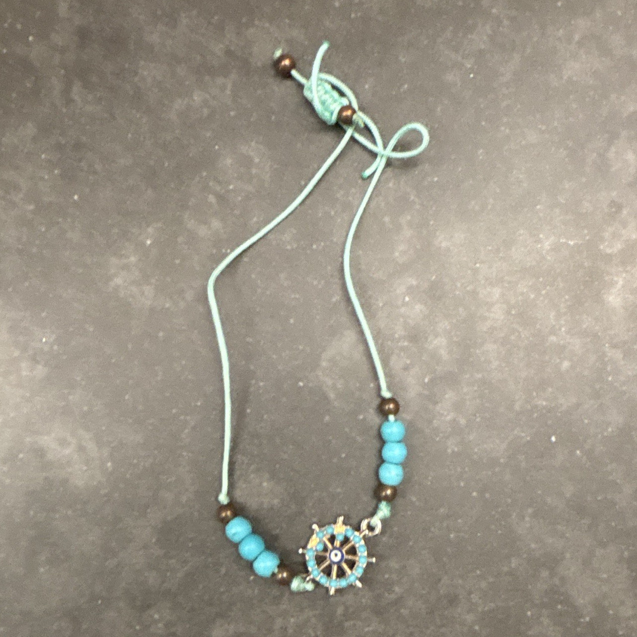 Blue Cord Beaded Bracelet Nautical Ship Wheel Dangle Charm Adjustable Closure