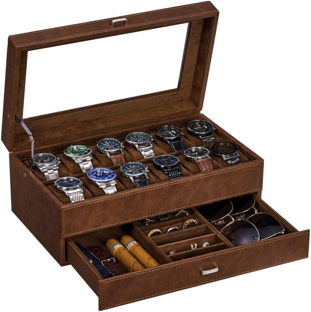 BEWISHOME Watch Box for Men Luxury Watch Organizer Faux Leather Watch Case with