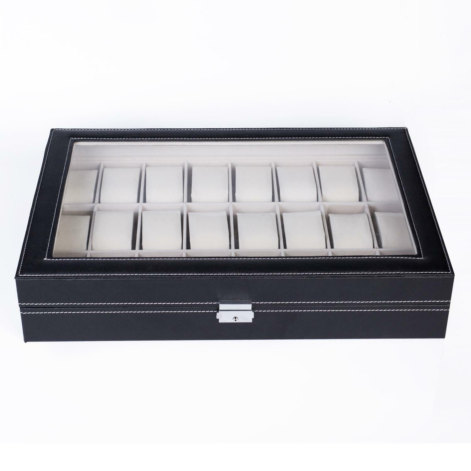 24 Slot Grids Leather Watch Box Display Case Organizer Glass Top Gift