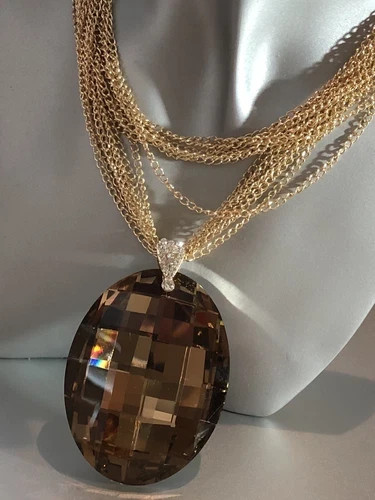 14K Gold Plated Chain Brown Big Oval Pendant Sweater Necklace Toggle Clasp
