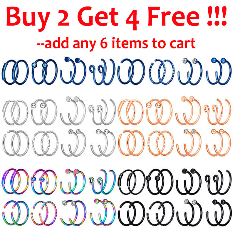 2 Pcs C-Shaped Nose Hoop Ring Lip Ear Stainless Steel Body Piercing Jewelry 20G