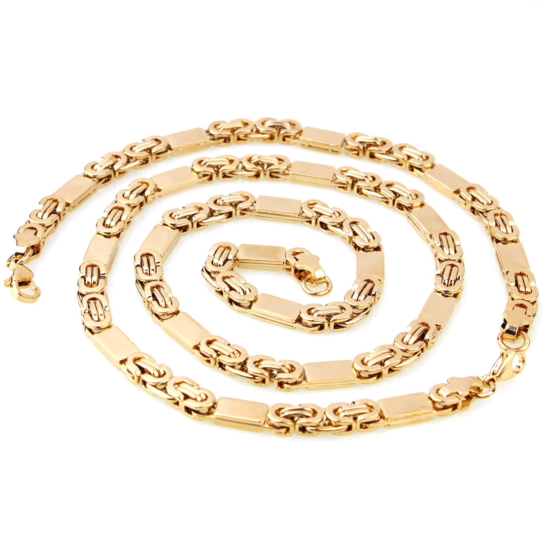 Mens Chain Stainless Steel 18K Gold Tone Byzantine Link Necklace Bracelet Set