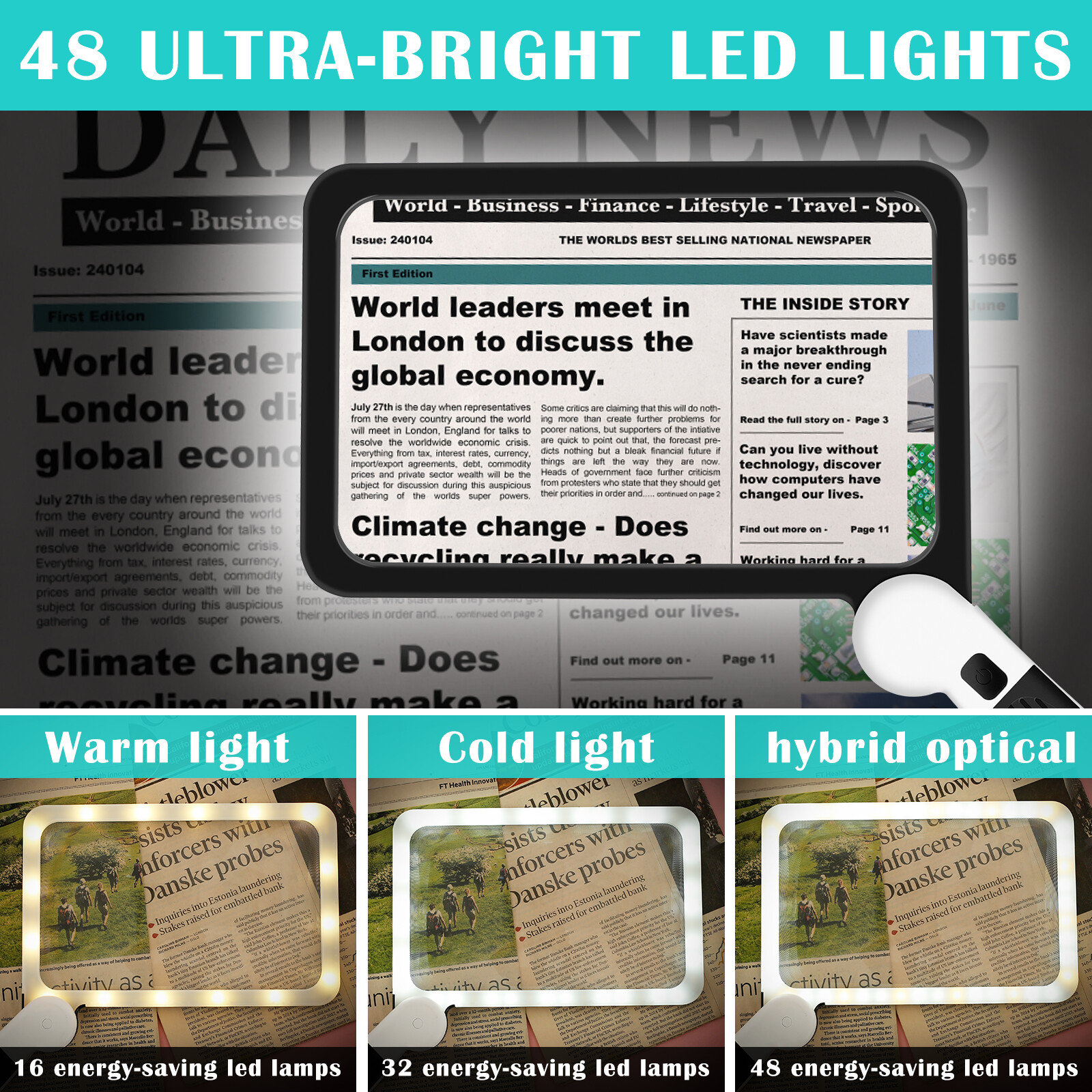 Large Magnifying Glass With 48 LED Light Dimmable 5X Reading Foldable Magnifier