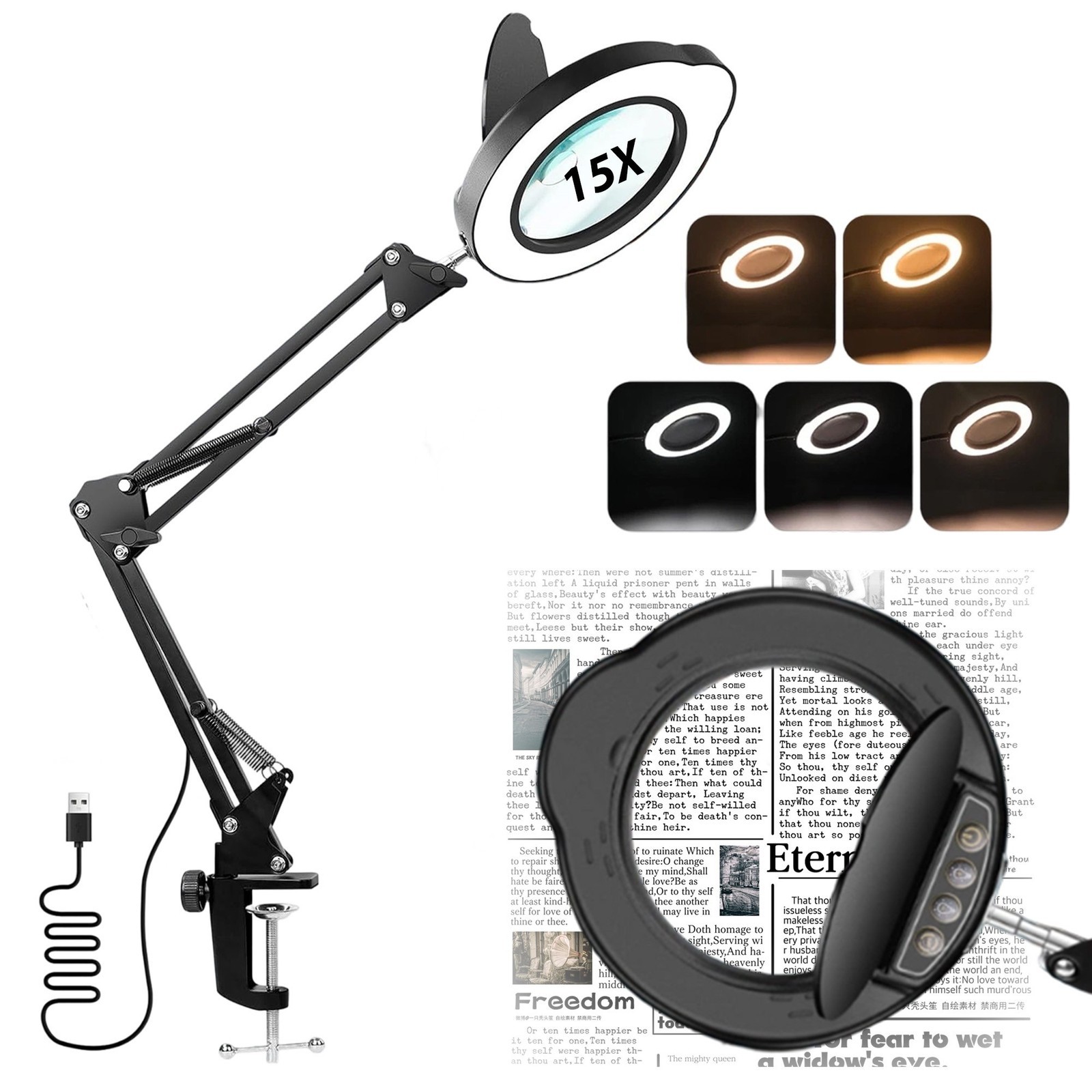 15X Magnifying Glass Desk Light Magnifier LED Lamp Reading Lamp With Lid + Clamp
