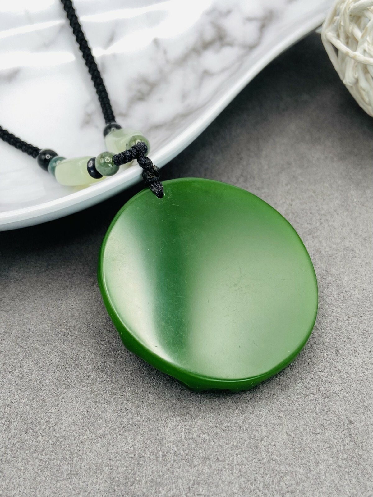Jade Buddha Charm Pendant Necklace W/ Beads Cord Chain Handmade Carved Gemstone