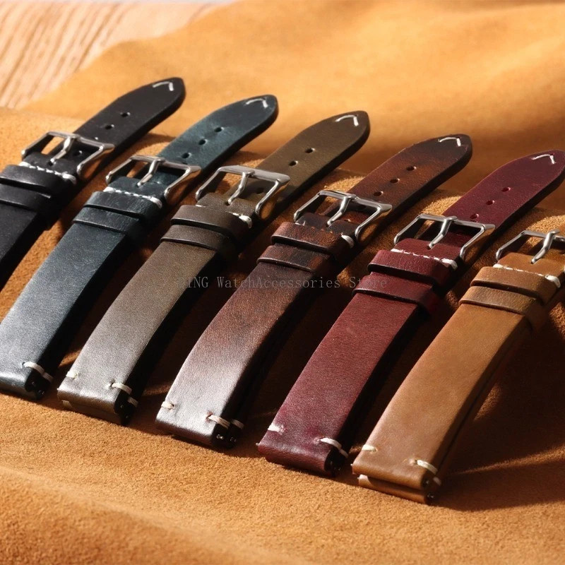Retro Oil Wax Genuine Leather Watch Band 18 19 20 21 22 24mm Thin Cowhide Strap.