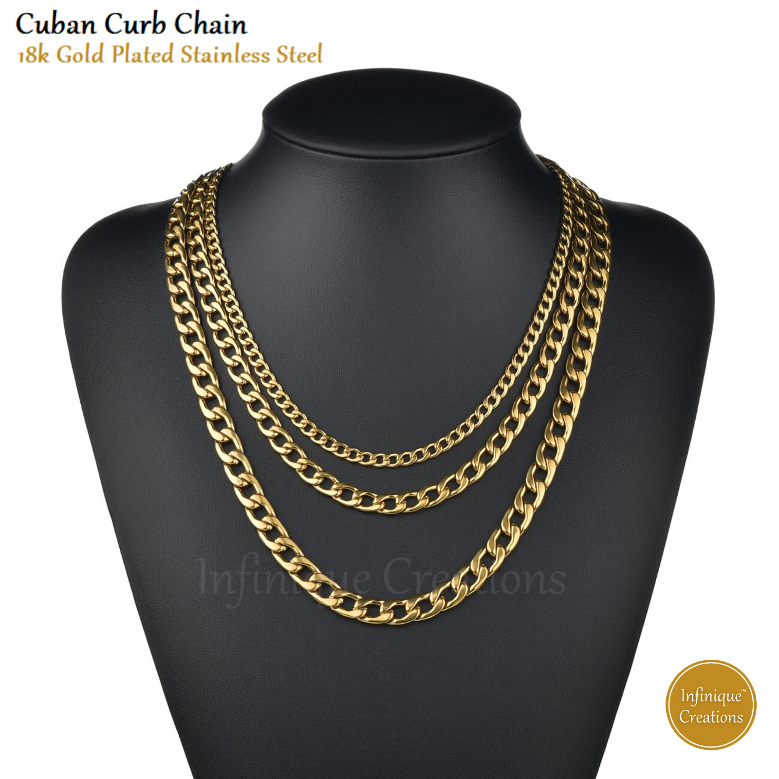 Stainless Steel Cuban Curb Chain 18K Gold Plated 7-38″ Women Bracelet Necklace