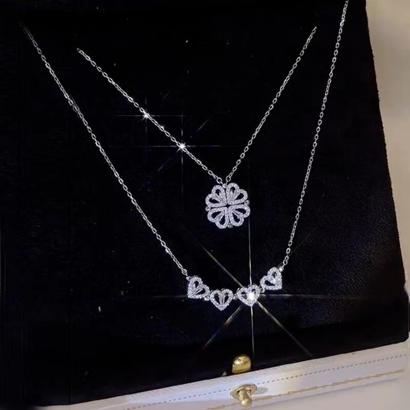 Fashion 925 Sterling Silver Love Heart Shaped Clover Magnetic Pendant Necklace