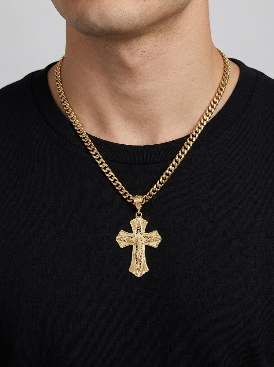 Large Ornate Crucifix Necklace, 7mm Cuban Chain, 14k Heavy Plated, Unisex