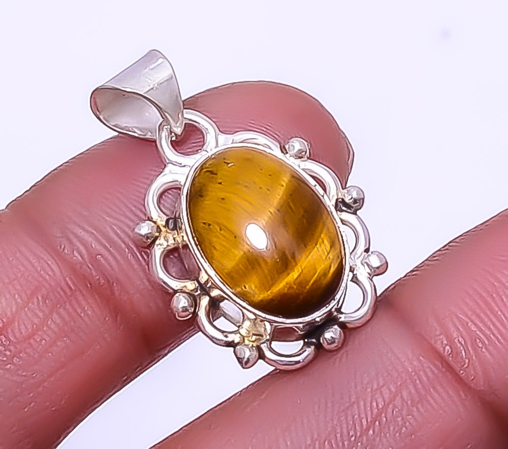 Natural Yellow Tiger Eye – South Africa 925 Silver Plated Pendant 1.17″ W2417