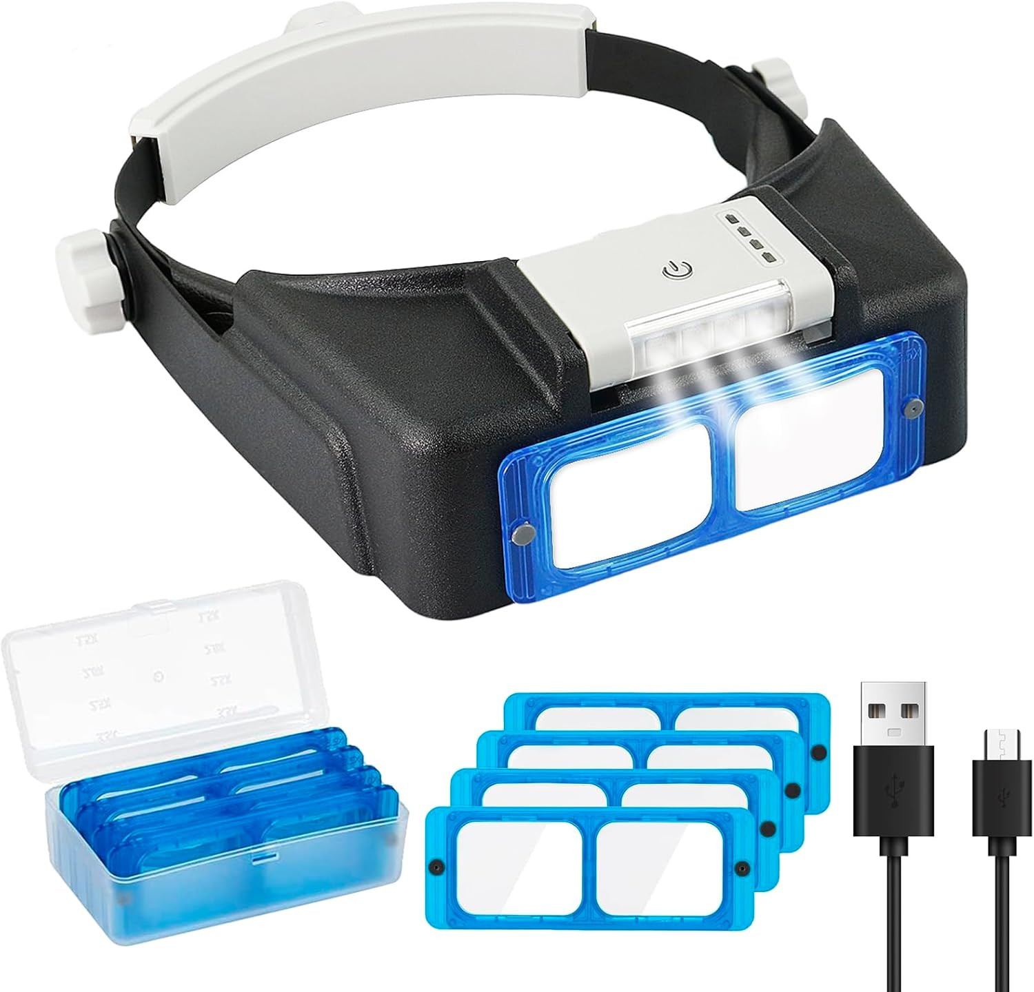 Rechargeable Head-Mounted Magnifier with LED Light, Headband Double Lens Illumin