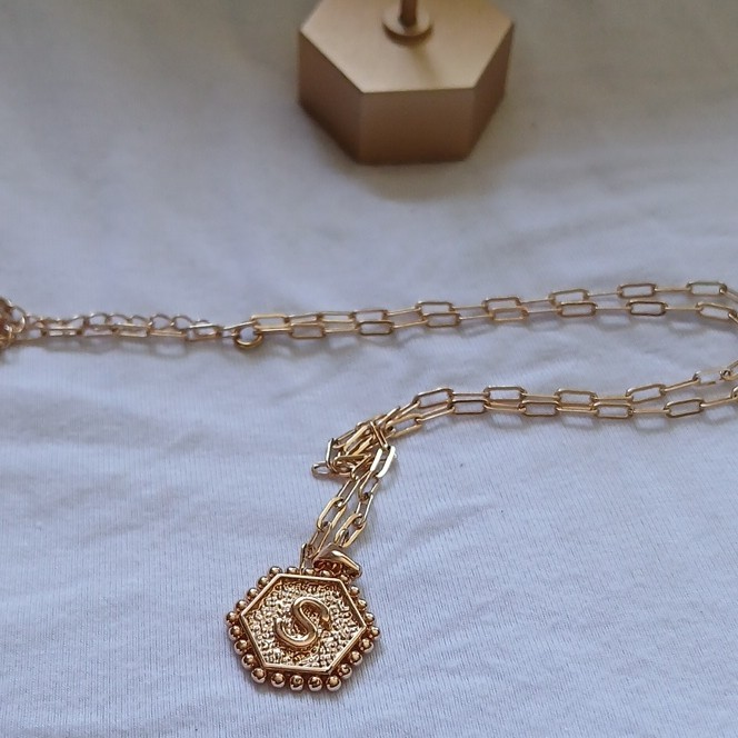 Initial Letter S 14 K Gold Plater Hexagonal Pendant