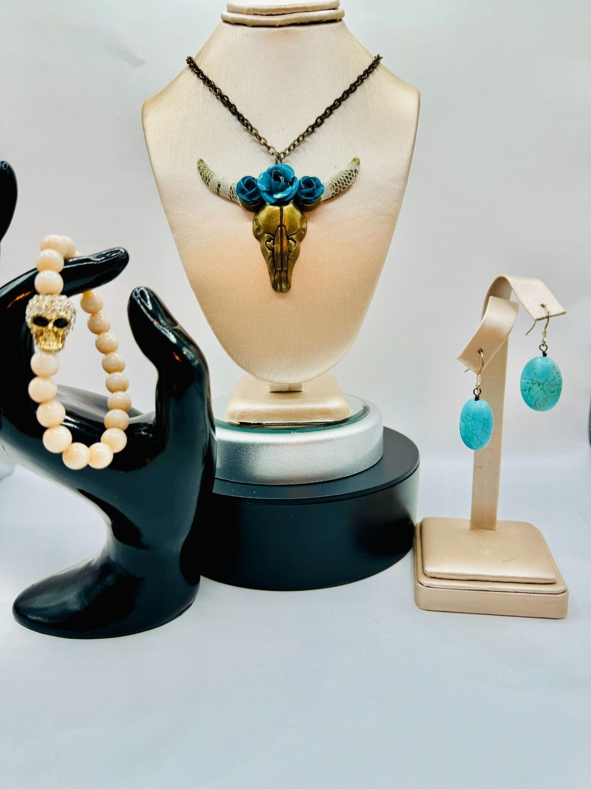 Unique!! 3pc Southwestern Steer Necklace, Crystal Skull, Faux Turquoise Earrings