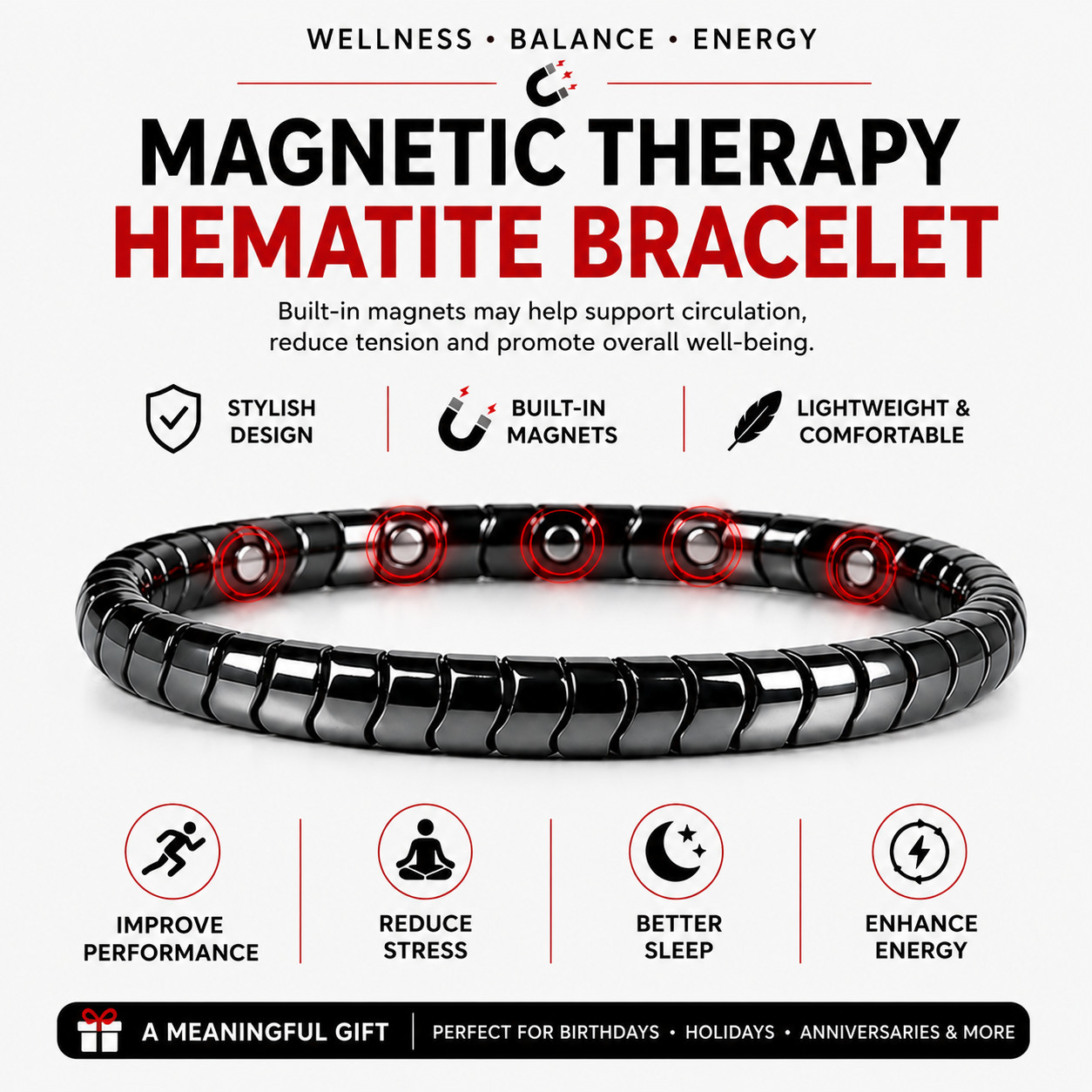 Magnetic Therapy Hematite Bracelet 8mm Beads for Men and Women
