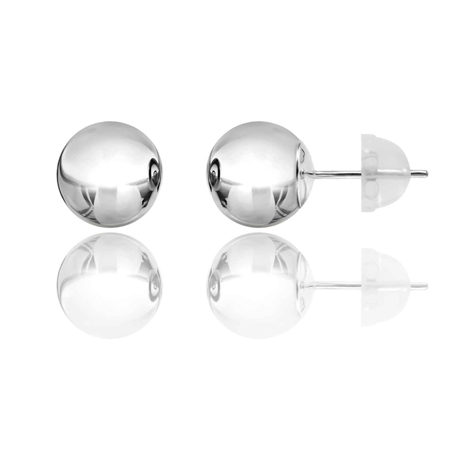 14KT White Gold Ball Stud Earrings 2mm–10mm Silicone Push Back
