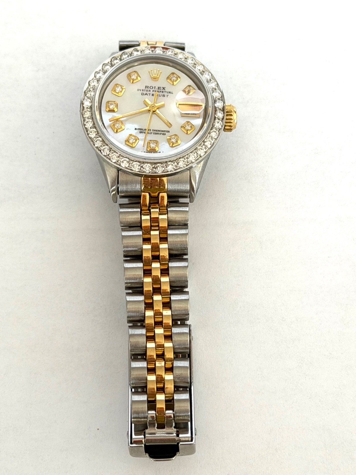 ROLEX LADIES WATCH DATEJUST TWO TONE 18K. GOLD MOP DIAMOND DIAL & DIAMOND BEZEL